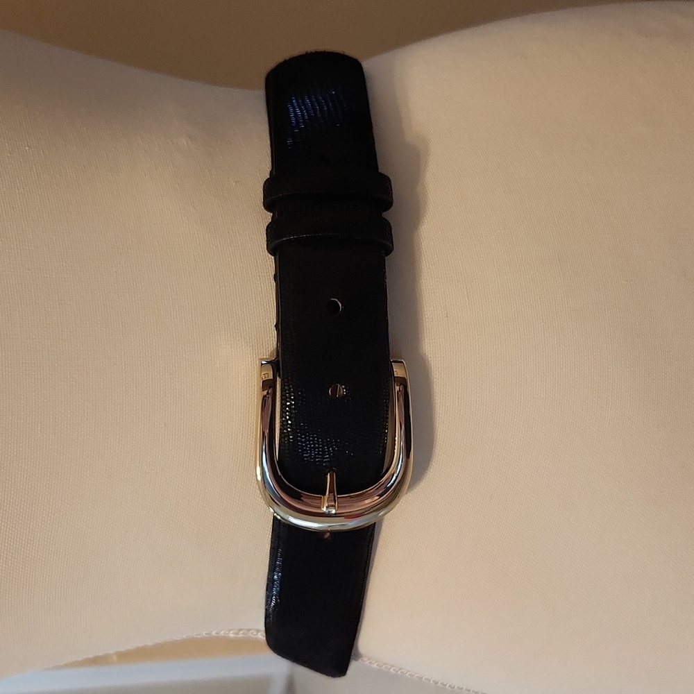 Ann Taylor Black Leather Women's Belt Size M Lizard Glossy Gold Buckle
